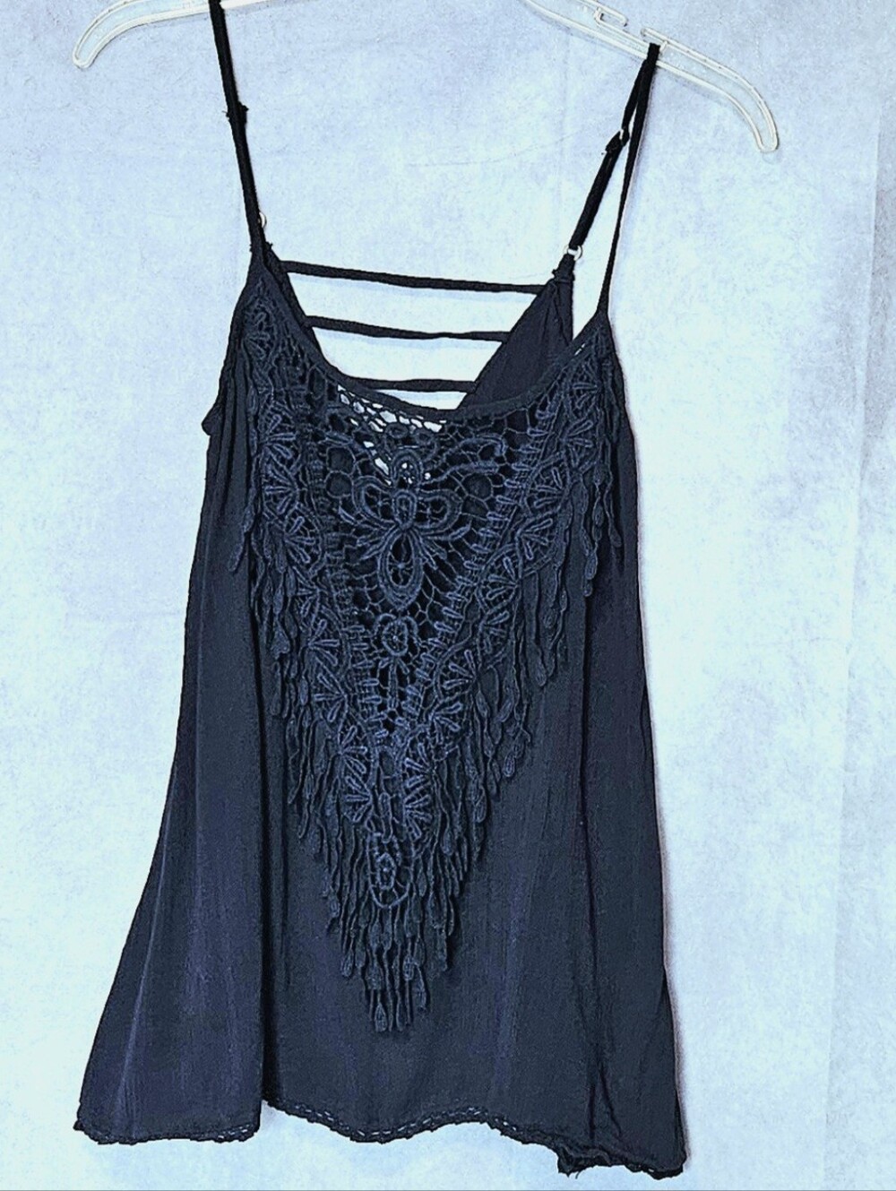 Tokyo Darling Womens Dark Blue Cami Tank Top Lace Crochet Inset Caged Back L